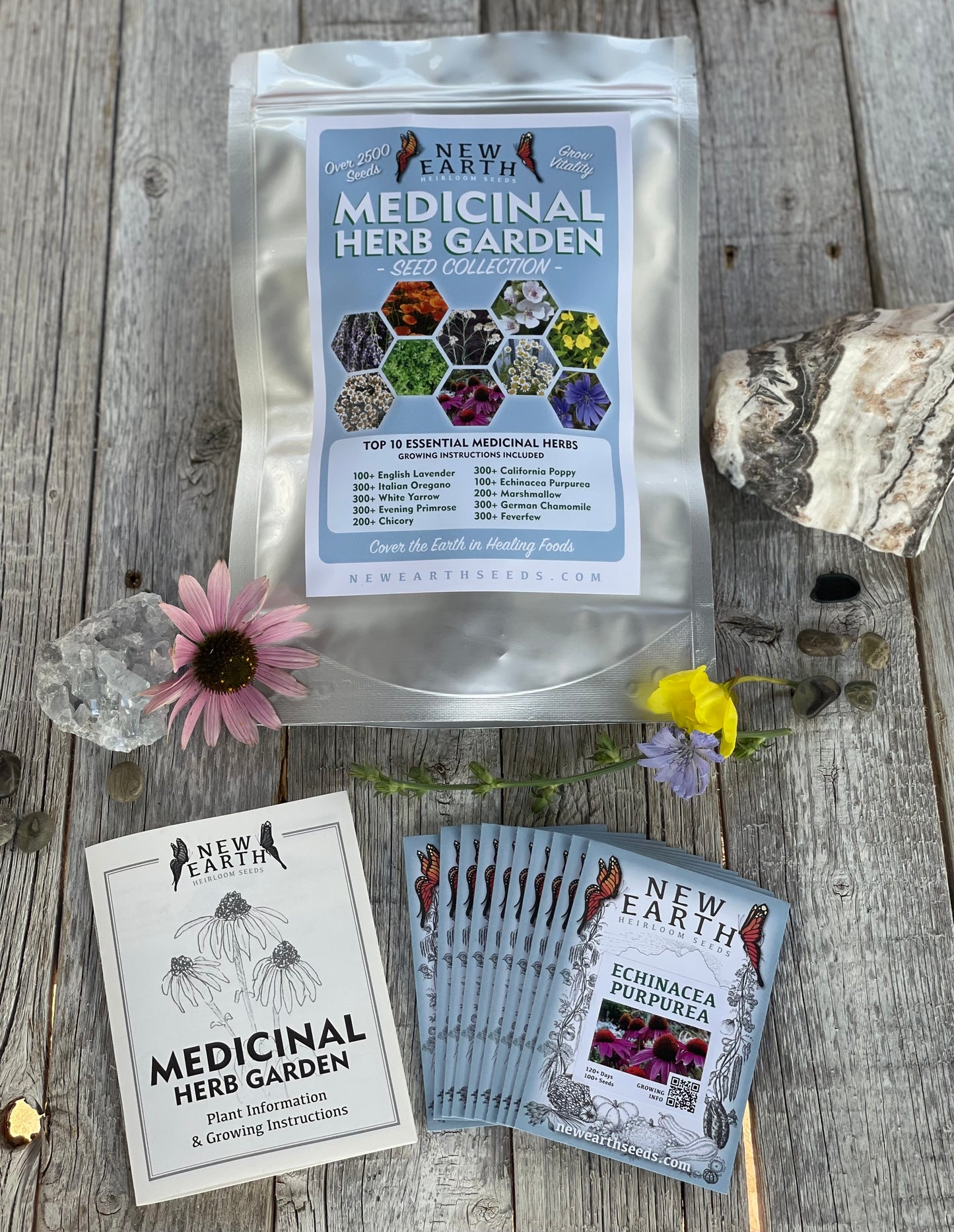 Medicinal Herb seed collection showing seed packs and growing guide