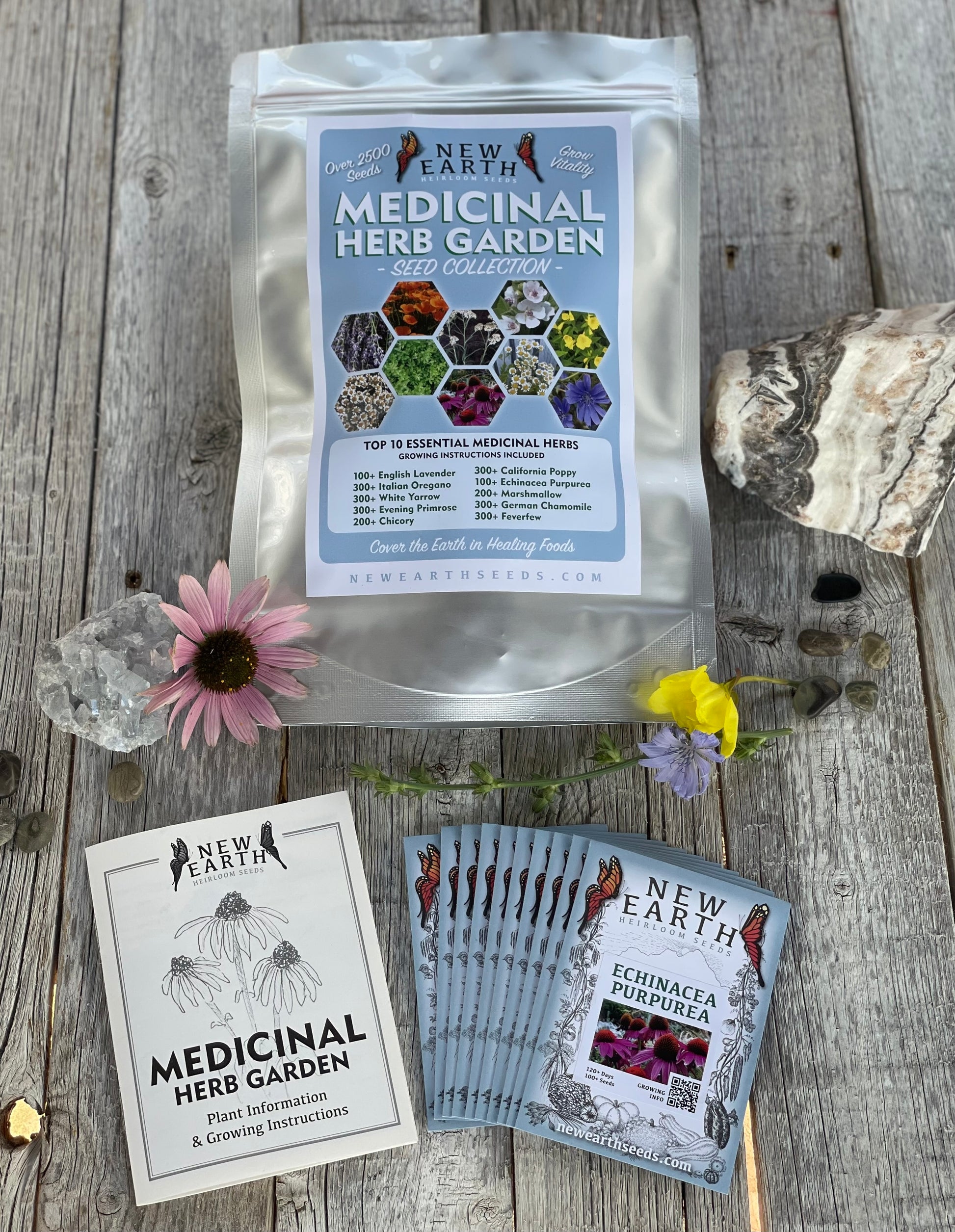 Medicinal Herb seed collection showing seed packs and growing guide 