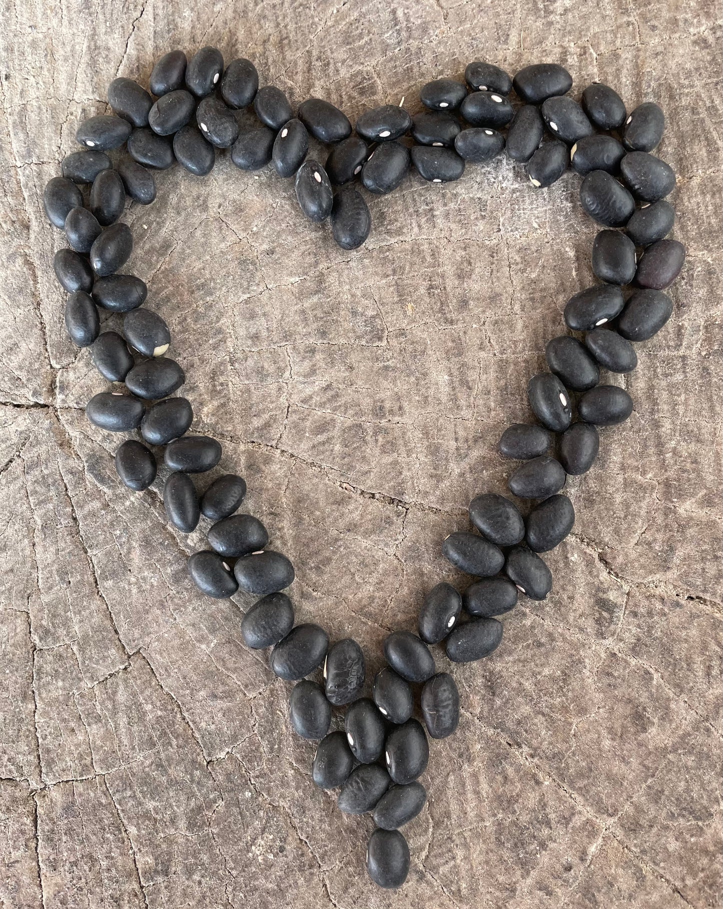 black turtle beans in the shape of a heart on wooden background