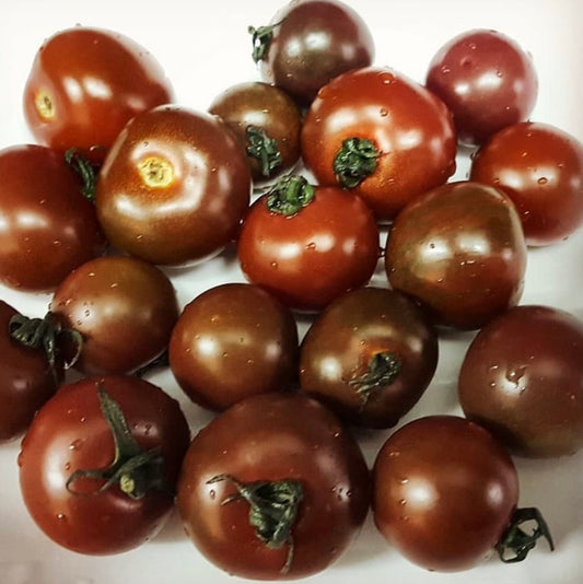 round black prince tomatos in a group on a white table.